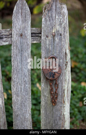 Ancien verrou rouillé forgés à la main et la chaîne sur une clôture usée Colonial Williamsburg, Virginia Banque D'Images