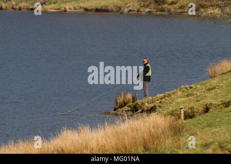 La pêche à la mouche. . Llyn Clywedog Réservoir.. Powys. Pays de Galles Banque D'Images