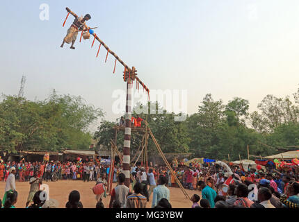 Charak Puja, au Bangladesh. 26 avril 2018. Les populations tribales et regarder l'acrobatie miraculeux effectué par un dévot pendant le 'festival Gae' ou 'Santali Parab Pata'. La partie importante de Bédeille festival est Charak Puja. La tradition de Charak Puja est tout au sujet de l'adoration de l'arbre et Charak plusieurs pénitence actes accomplis par Charak Sanyasis autour et sur l'arbre. Le GAE tree est un tronc d'un arbre sans racines ou branches. La hauteur est de 30 à 40 pieds. Le plus étonnant, c'est comment sanyasi Crédit : PACIFIC PRESS/Alamy Live News Banque D'Images