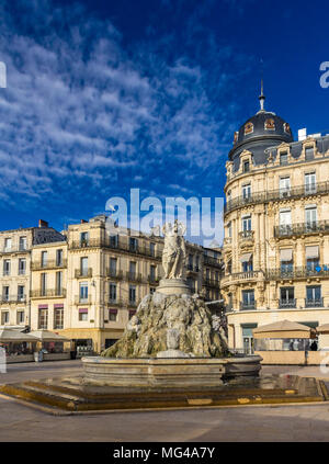 Fontaine des Trois Grâces sur la place de la comédie à Montpellier, Banque D'Images