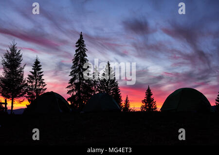 Ciel majestueux, nuage rose contre les silhouettes des pins dans le crépuscule du temps, des tentes sur l'avant. Carpates, l'Ukraine, l'Europe. Découvrez le monde de beauté Banque D'Images