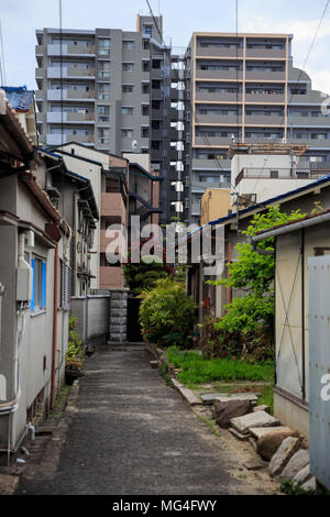 Petites maisons typiquement japonais devant des tours d'habitation typique Banque D'Images