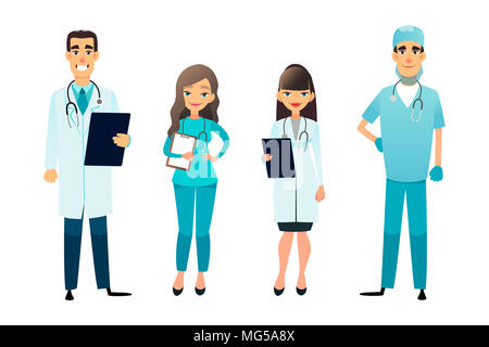 L'équipe de médecins et d'infirmières. Caricature du personnel médical. La notion d'équipe médicale. Chirurgien, infirmière et thérapeute sur l'hôpital. Professionnels de la santé. Banque D'Images