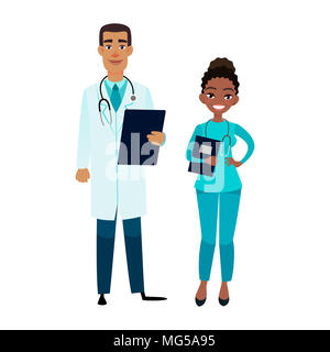 Cartoon african american doctor and nurse. Happy african male doctor with tablet et assistante Banque D'Images