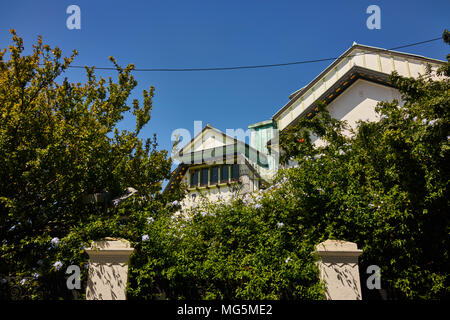 Jardin verdoyant avec des arbres verts les étages supérieurs des maisons d'oeil par le haut. L'angle faible. Banque D'Images