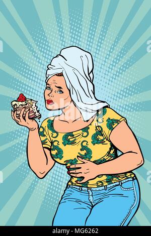 Femme d'estomac après le gâteau sucré. Comic cartoon vector illustration rétro pop art dessin kitsch Illustration de Vecteur