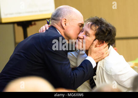 Riga, Lettonie. Apr 27, 2018. Conférence de presse du nouveau président de la Fédération de football letton Kaspars Gorkss. Credit : Gints Ivuskans/Alamy Live News Banque D'Images