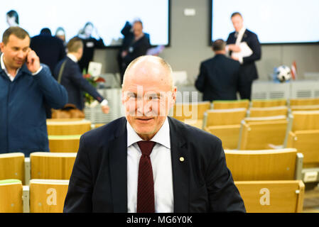 Riga, Lettonie. Apr 27, 2018. Conférence de presse du nouveau président de la Fédération de football letton Kaspars Gorkss. Credit : Gints Ivuskans/Alamy Live News Banque D'Images