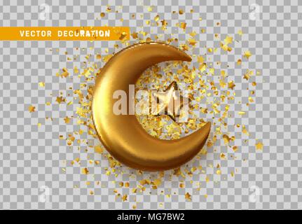 Croissant d'or objet 3D avec un fond transparent effet. Or isolé réaliste la moitié d'un mois avec cinq étoiles Illustration de Vecteur