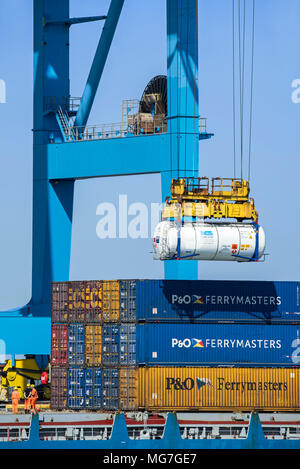 Les dockers de grue d'exploitation / portainer/ grue à portique dans le port de Zeebrugge / Zeebruges le long de la côte de la mer du Nord, Flandre orientale, Belgique Banque D'Images