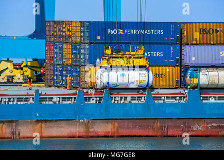 Les dockers de grue d'exploitation / portainer/ grue à portique dans le port de Zeebrugge / Zeebruges le long de la côte de la mer du Nord, Flandre orientale, Belgique Banque D'Images