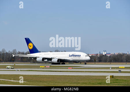 Un 380-800, A380, Lufthansa, avion, avion, Avion, Aéroport Munich, MUC, Allemagne, Banque D'Images