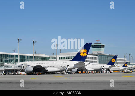 Un 380-800, A380, Lufthansa, avion, avion, Avion, Aéroport Munich, MUC, Allemagne, Banque D'Images