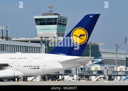 Un 380-800, A380, Lufthansa, avion, avion, Avion, Aéroport Munich, MUC, Allemagne, Banque D'Images