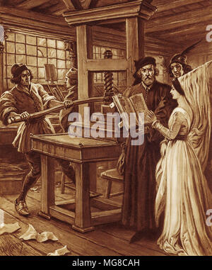 William Caxton au travail sur la première presse à imprimer. Banque D'Images