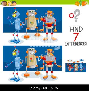 Cartoon Illustration de trouver sept différences entre images Activité éducative jeu pour les enfants avec des caractères Robot Group Illustration de Vecteur