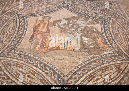 Détail de Bacchus et Ariadne mosaïque dans Knight's House à Volubilis ruines romaines (Fès-Meknès, Maroc) Banque D'Images