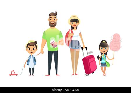 Les personnes en attente de famille voyageant en avion ou en train. Cartoon papa, maman et enfant voyageant ensemble. Jeune couple cartoon, fille et garçon partir en vacances avec des valises et sacs. L'homme détient des billets et passeports. Grande famille heureuse de laisser sur la sea resort. Illustration de Vecteur