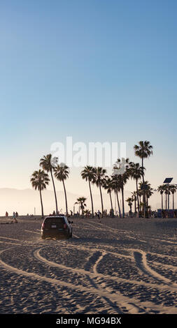 Sonnenuntergang, Venice Beach, Los Angeles, États-Unis, Californie, Spuren im Sand, Police, Palmen, Blauer Himmel Banque D'Images