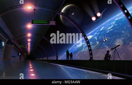 Illustration conceptuelle d'une station spatiale, terminal ou l'habitat en orbite terrestre à l'avenir. Les personnes sont considérées en dehors de pointage, et l'un d'eux est à l'aide d'un télescope. Banque D'Images