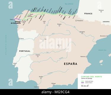 Camino del Norte carte. Camino de Santiago ou le chemin de St James. Ancien chemin de pèlerinage de Saint-Jacques de Compostelle le sur le nord de l'Espagne. Illustration de Vecteur