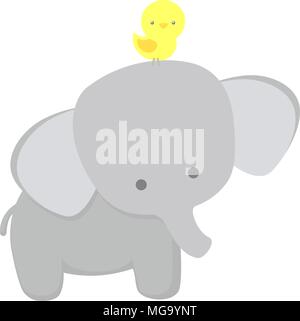 L'éléphant et le mignon petit oiseau isolé sur fond blanc design plat pour bébés et enfants Illustration de Vecteur