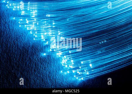 Faisceau de fibres optiques avec des lumières dans les extrémités. Fond bleu. Banque D'Images