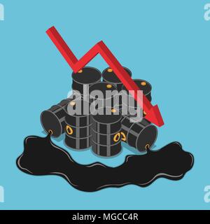 Télévision 3D isométrique de barils de pétrole à la baisse graphique. Baisse du prix du pétrole et de l'industrie pétrolière concept. Illustration de Vecteur