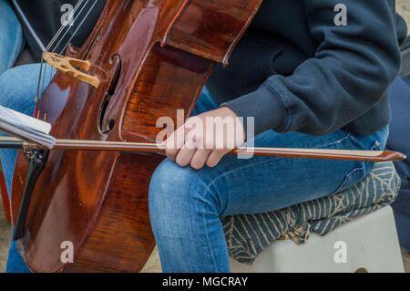 Gros plan d'une partie supérieure de la violoncelle au Vondelpark à Amsterdam aux Pays-Bas 2018 Kingsday.jpg Banque D'Images