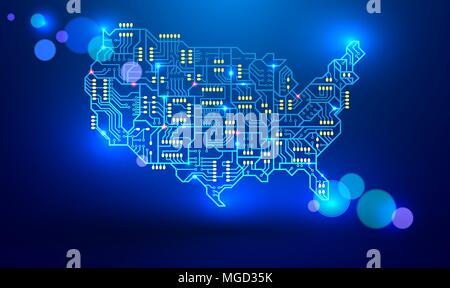 La carte des États-Unis comme une carte à circuits imprimés. vector illustration. L'industrie électronique d'Amérique. les signaux lumineux sont transmis par les conducteurs et pa Illustration de Vecteur