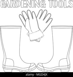 Les dessins au trait noir et blanc des vêtements de protection. Gants et Bottes de caoutchouc page de coloriage pour adultes et enfants. Outil de jardin vector illustration pour cadeau Illustration de Vecteur