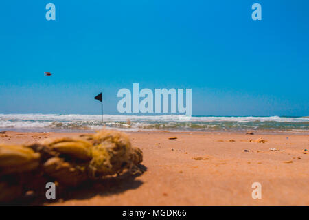 Un indicateur d'alerte noire marquant la limite de la zone de baignade sécuritaire lors d'une belle plage avec ciel bleu et une mer turquoise en Israël. Banque D'Images