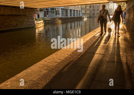 Un couple marcher leur chien le long du chemin de halage du Regents Canal au coucher du soleil un soir d'été Banque D'Images