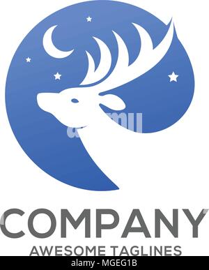 Deer, la lune et les étoiles dans le ciel bleu, concept cercle cercle logo tête de cerf, cerf blanc concept logo Illustration de Vecteur