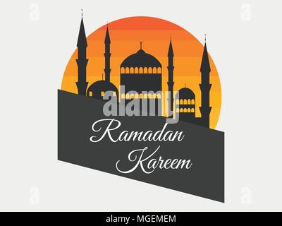 Ramadan Kareem. Mosquée de l'arrière-plan du soleil. Carte de vœux de fête, la bannière. Les lumières des fêtes musulmanes. Vector illustration Illustration de Vecteur