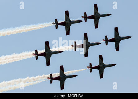 28 avril 2018, l'Allemagne, la Patrulla Aguila : Schoenefeld (Patrouille de l'Aigle), l'Armée de l'air espagnole's Aerobatic Team, pendant le salon de l'AID 2018. Environ 200 appareils sont présentés au cours de l'AID 2018 exposition aéronautique internationale. Les organisateurs attendent environ 150 000 visiteurs. Photo : Patrick Pleul/dpa-Zentralbild/dpa Banque D'Images