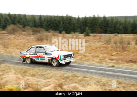 Forêt de Kielder, Northumberland, Royaume-Uni, 28 avril 2018. Pilotes de rallye dans la concurrence internationale et le Rallye Pirelli FUCHS Lubrifiant MSA British Historic Rally Championship. (Spéciale 1 - Pundershaw 1). Andrew Cheal/Alamy Live News Banque D'Images