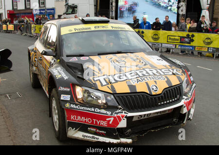 Brampton, Cumbria, Royaume-Uni, 28 avril 2018. Finition de la cérémonie le Pirelli Rallye International a eu lieu à Brampton, Cumbria. Andrew Cheal/Alamy Live News Banque D'Images