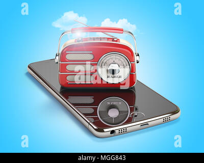 Smartphone avec radio vintage rouge. Suis mobile radio FM live streaming media concept. 3d illustration Banque D'Images