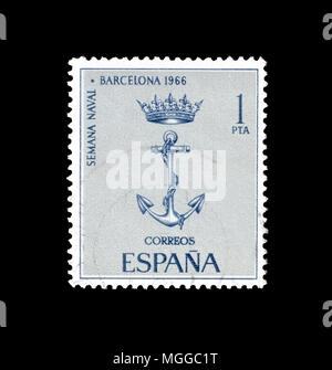 Timbre-poste imprimé par l'Espagne, qui montre une couronne et l'ancre, vers 1966. Banque D'Images