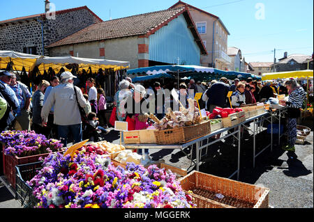 Haute-Loire, France - Le marché hebdomadaire de Costaros - une des plus grandes dans la région du Puy - propose des produits locaux et biologiques. Banque D'Images