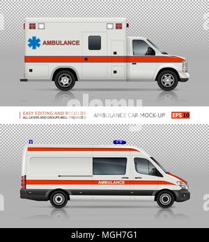 Voitures d'ambulance vector mock-up pour la publicité, l'identité de l'entreprise. Cars médicale isolée modèle sur fond transparent. Maquette des véhicules. Illustration de Vecteur