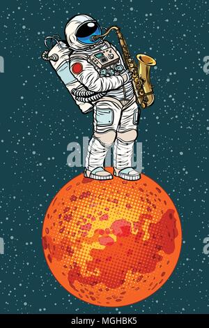 Saxophone joue astronaute sur Mars Illustration de Vecteur