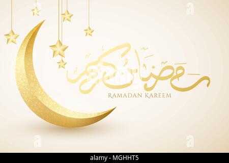 Bandeau publicitaire sur le Ramadan Kareem. Luxury Golden Crescent. Ornement géométrique islamique. Golden stars 3d'accrocher. Mois Sacré de la religion. Hand drawn callig Illustration de Vecteur