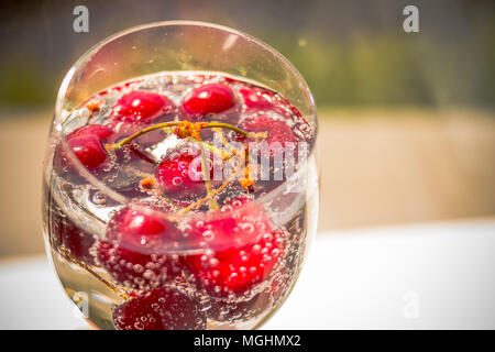 Cherry cocktail - dans l'eau de soude - contre l'arrière-plan flou. Rempli de boisson d'été avec des cerises fraîches. Focus sélectif. Copy space Banque D'Images