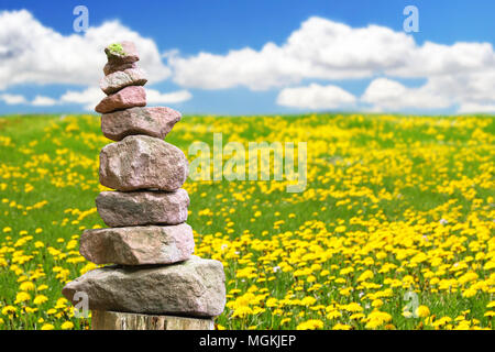 Pyramide de pierres empilées en face de grès un pissenlit prairie Banque D'Images