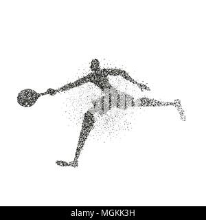 Tennis player silhouette faite de particules noires sur fond splash isolés. Résumé sportif homme court avec raquette. Vecteur EPS10. Illustration de Vecteur