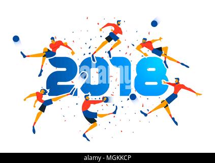 La conception de l'affiche de fête pour un événement sportif de 2018. L'équipe de soccer player tournant au ballon avec confetti contexte et typographie citer. Vecteur EPS10. Illustration de Vecteur