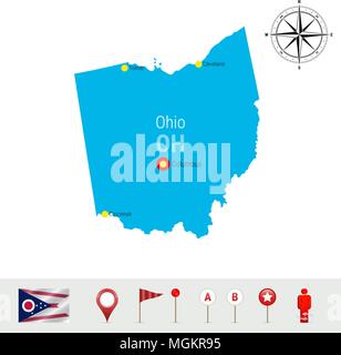 Ohio Carte vectorielle isolé sur fond blanc. Silhouette très détaillés de l'Ohio State. Drapeau officiel de l'Ohio Illustration de Vecteur