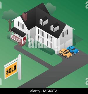 Vente immobilier signe avec House Style 3D isométrique Vector Illustration Illustration de Vecteur